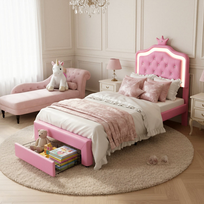 Princess Bed With LED Crown Headboard & Drawer(S), Faux Leather Storage Frame, White & Pink, Pink