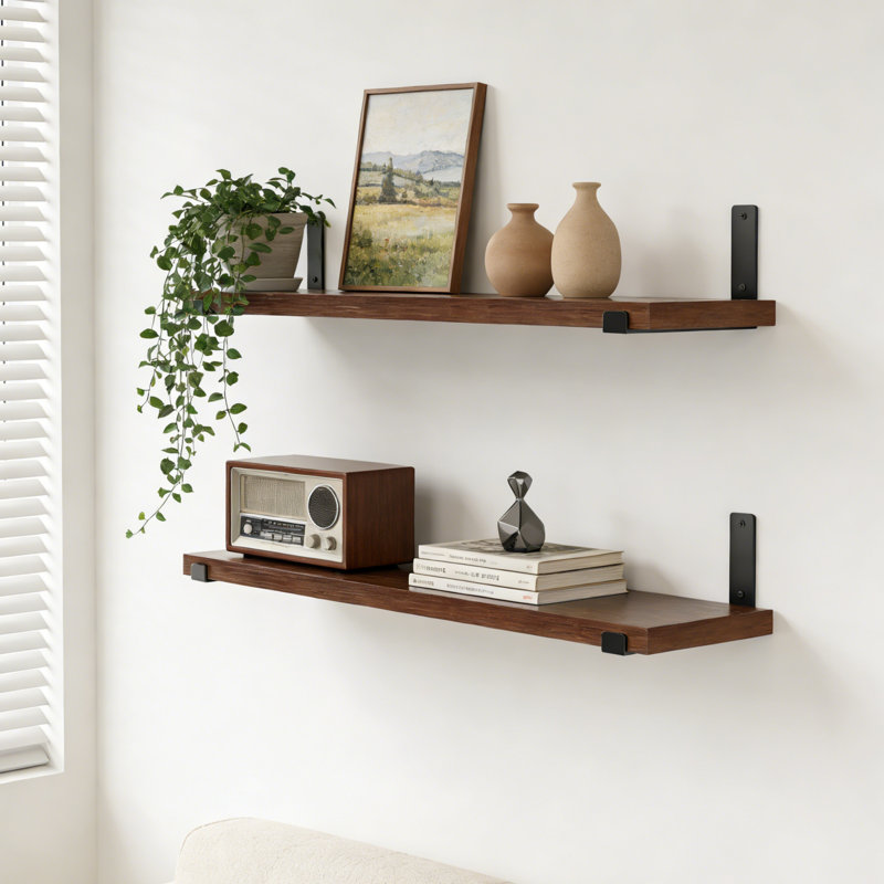 Wall-Mounted Floating Shelves Bracket Shelf  Wood Wall Shelves Wood Floating Shelves With J Brackets For Bedroom, Living Room，Kitchen, Bathroom
