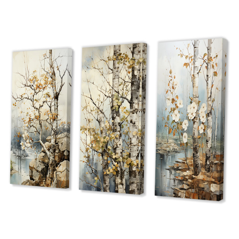 3 pièces sur toile - Sycamore symphonique arbre gris beige, Cadre noir, H 40 po x l 60 po