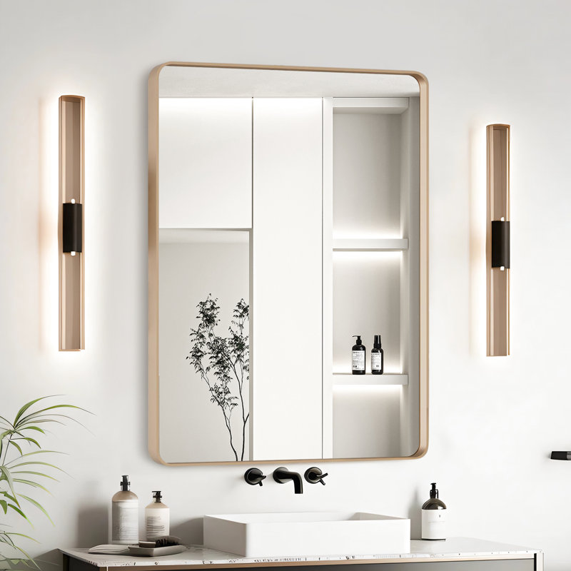 Miroir de salle de bain 24 po x 32 po avec cadre en aluminium doré - verre flottant HD pour transparent et réflexion, alliage d'aluminium rouille, preuve, support de bar suspendu en Z, verre réfléchissant pour meuble-lavabo, cadre en alliage, membrane, facile