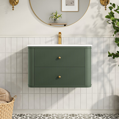 30"/36"/48" Antique Green Floating Bathroom Vanity With Acrylic Sink, Single Wall-Mounted Vanity With Soft-Close Drawers & Gold/Silver Handles