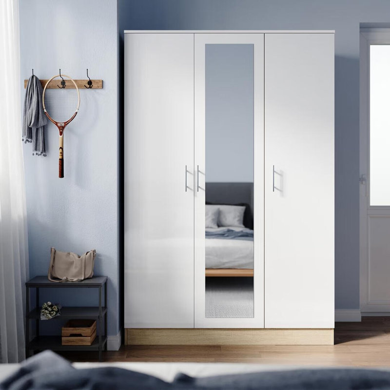 Modern Multi-Door Wardrobe with Mirror and Multi-Level Storage, White/Oak