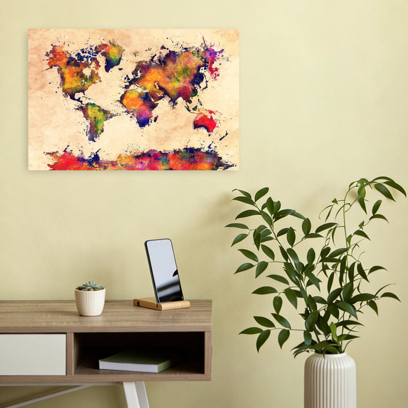 «Vibrant World Map», art mural moderne contemporain abstrait, H 12 po x l 18 po
