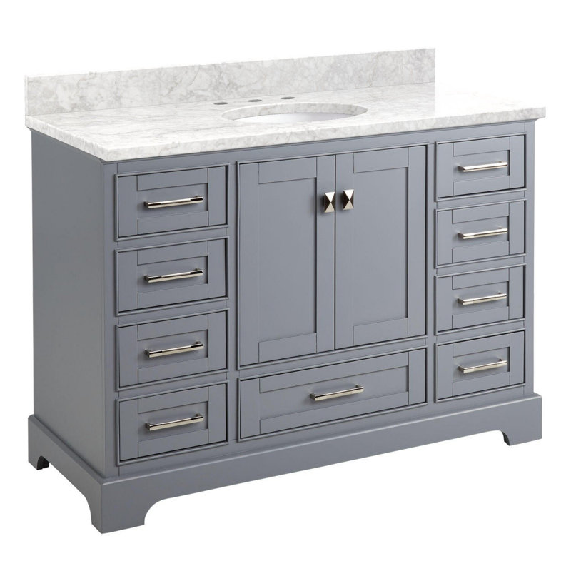 Quen 48" Freestanding Single Basin Vanity Set with Cabinet, Vanity Top, and Oval Undermount Sink, Gray, Carrara Marble