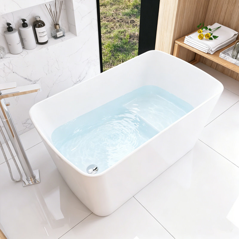 49'' Acrylic Freestanding Soaking Bathtub With Integral Seat, Glossy White