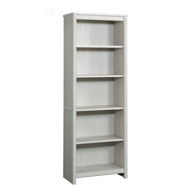 Bibliothèque à 5 tablettes avec trois tablettes réglables, panneau arrière fermé et fabrication durable pour un rangement polyvalent dans n'importe quelle pièce.