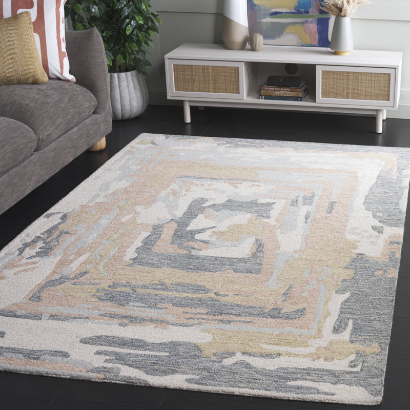 Tapis abstrait gris / ivoire en laine / coton touffeté à la main 924 Ebony, Rectangle 3 pi x 5 pi