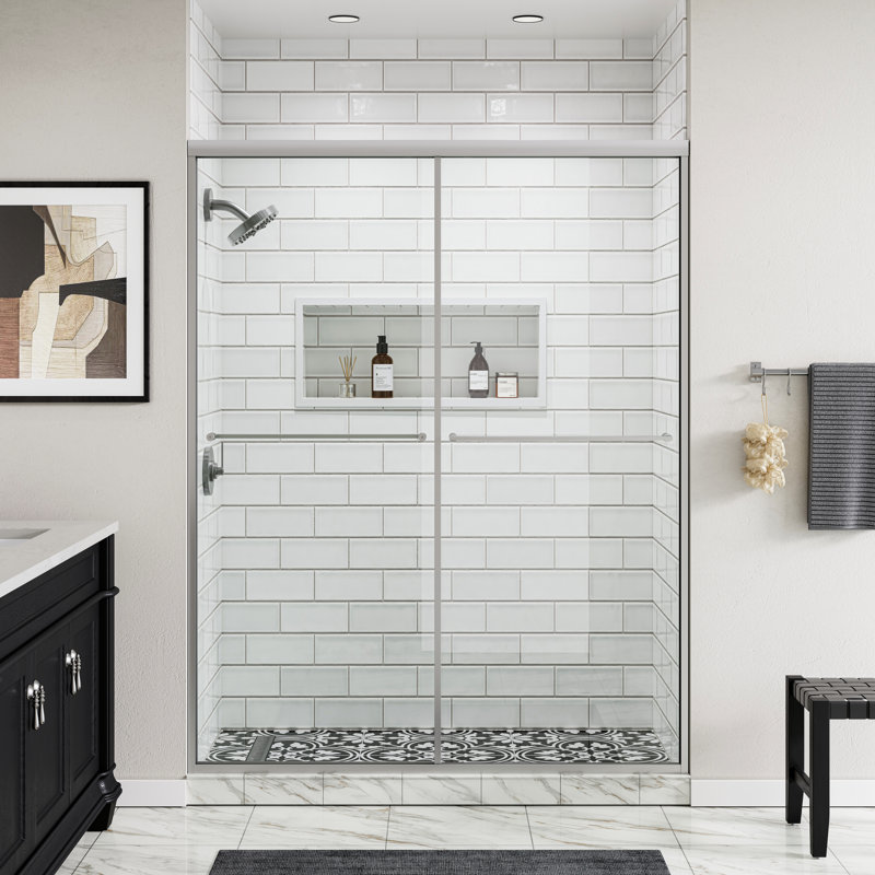 56" - 60" W x 76" H Double Sliding Semi-Frameless Shower Door with Clear Glass, Brushed Nickel