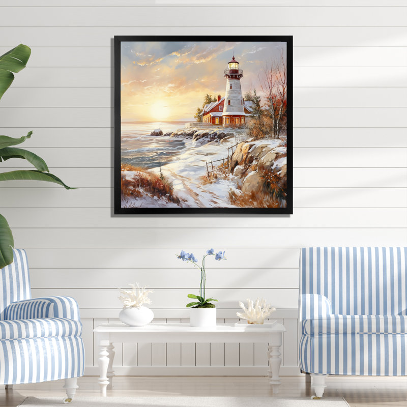 «Coastal Light House Charm in Winter I», reproduction sur toile, H 16 po x l 16 po x P 1 po, Cadre simple noir