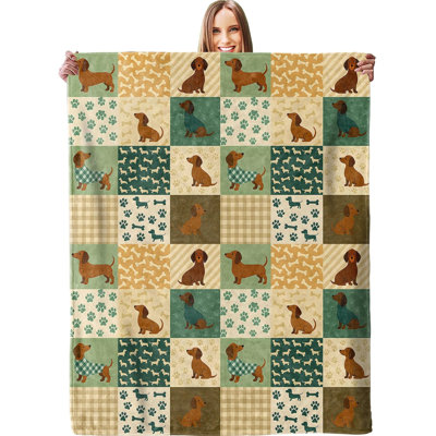Charmant jeté en patchwork de teckel, jeté en flanelle moelleuse, chaude, légère, confortable, en flanelle, 40 x 50 pouces, avec un joli motif de saucisse pour canapé, voyage, lit, plein air, cadeaux pour les amoureux des animaux de compagnie 