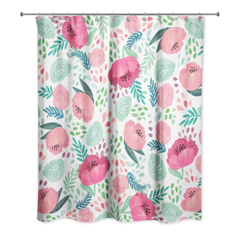 Rideau de douche simple floral Desdemona, Rose / Vert