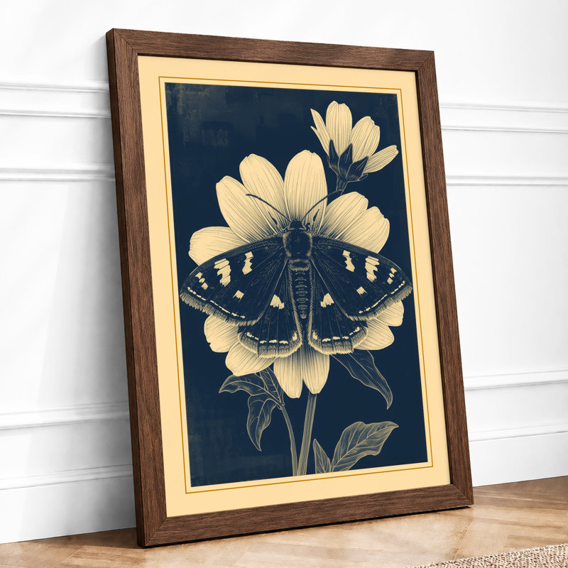 Moth and Bloom Botanical - Framed Print, A2 - 59.4 x 42.0 cm, Walnut