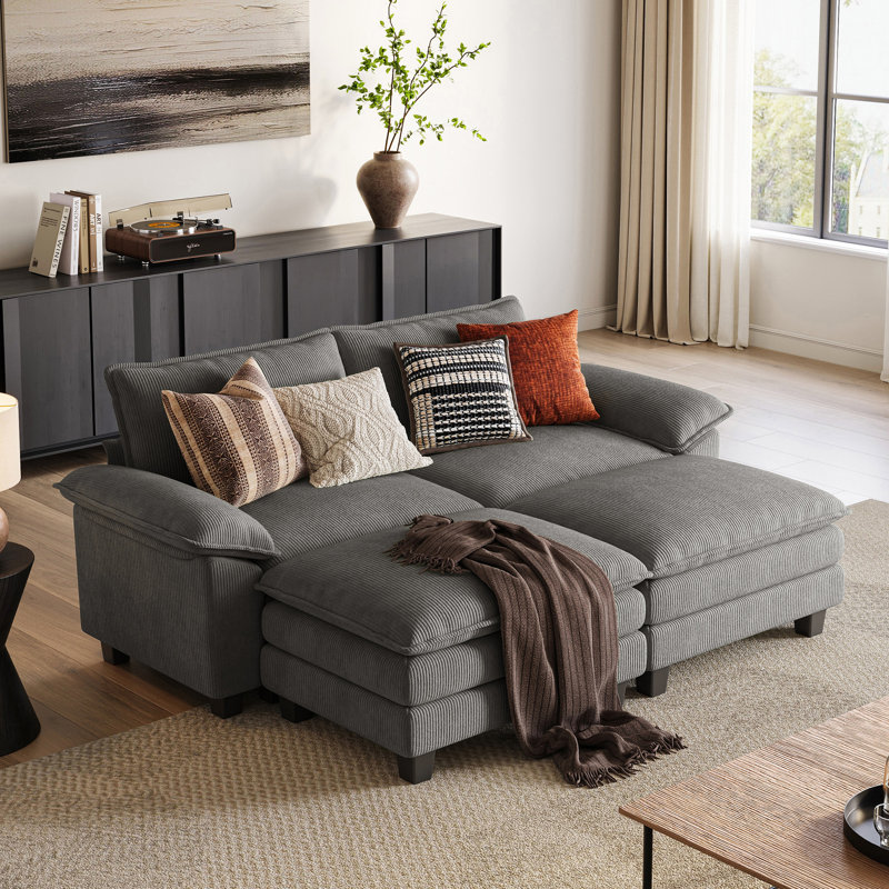 Canapé modulaire rembourré 90 po avec deux repose-pieds Colbey, 34.64'' H X 123.62'' W X 60.62'' D, Velours côtelé gris Lena