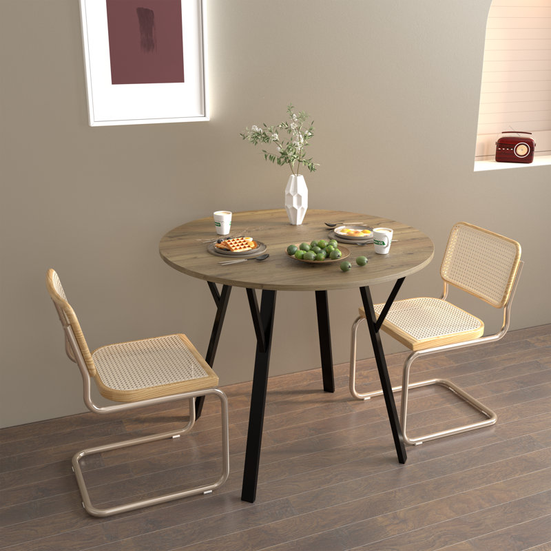 Table de salle à manger ronde 35,43 pouces, petite table de cuisine circulaire avec pieds en métal noir pour 2 à 4 personnes, table de salle à manger moderne, brun (table seulement)