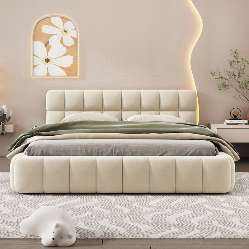Lit plateforme tapissier avec tissu épais, Beige