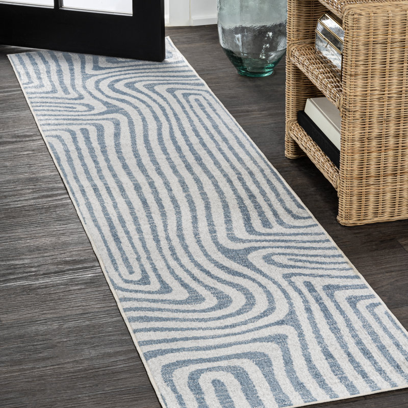 Jossa Abstract Two-Tone Low-Pile Machine-Washable Blue/Cream Rug, Runner 2' x 7'10"