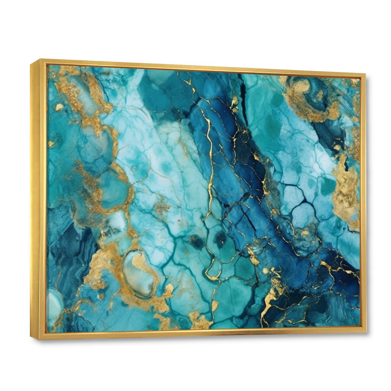 Turquoise luxueux, art fluide abstrait VII - Art abstrait encadré, 12" H x 20" W, Cadre flottant doré
