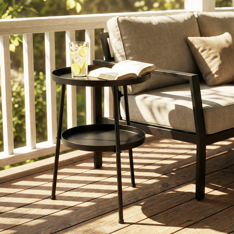 Outsunny Metal Patio Side Table 2-Tier Adjustable Feet, Black