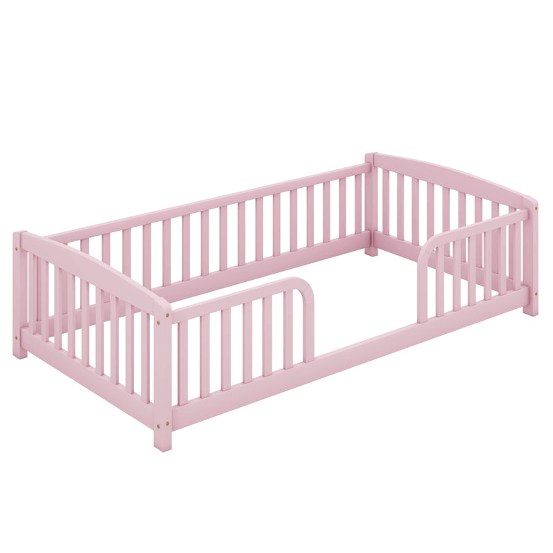 Lit de clôture de plancher avec entrée centrale, structure Montessori en bois de pin avec garde-corps, plateforme à profil bas pour enfants
