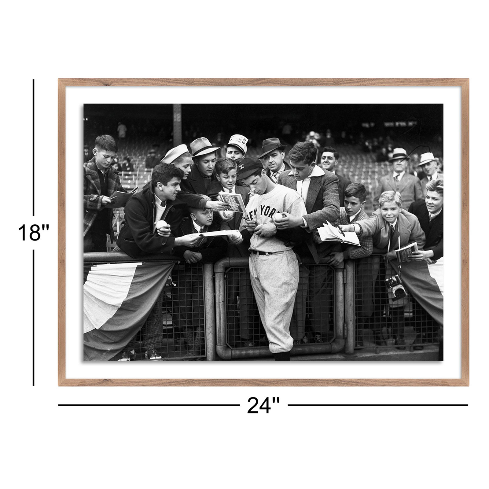 Joe DiMaggio Signing Autotgraphs For Fans by Getty Images, Rustic Walnut Framed, 18" H x 24" W