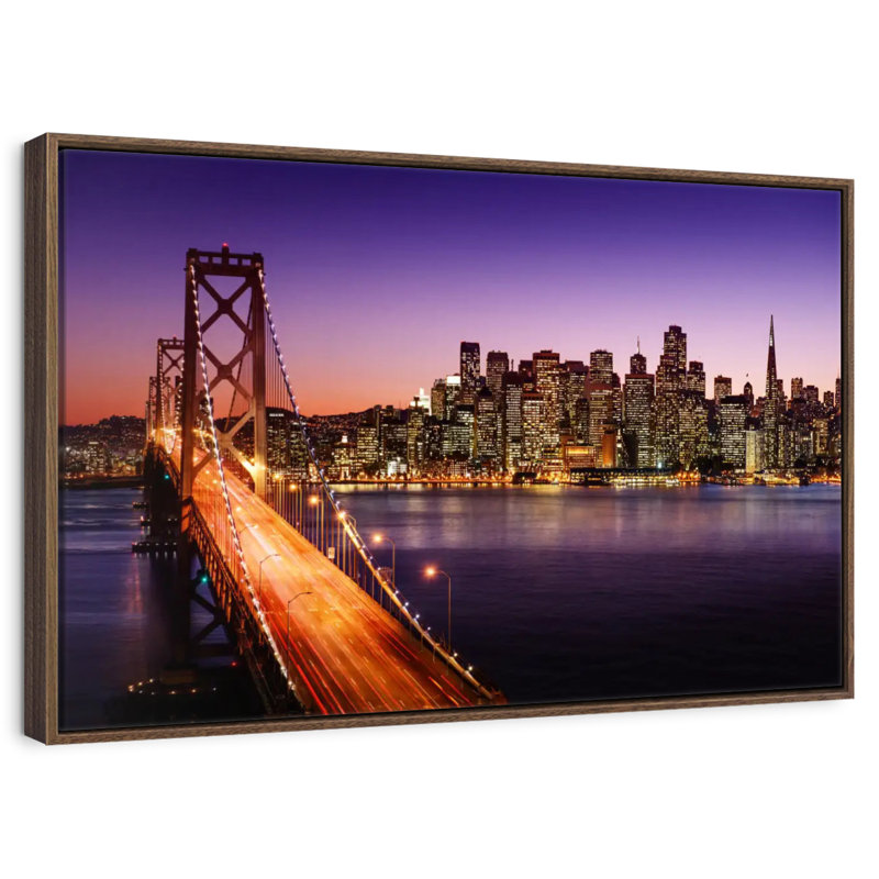 Horizon du pont de la baie de San Francisco, 46 po x 31 po, Cadre flottant en noyer