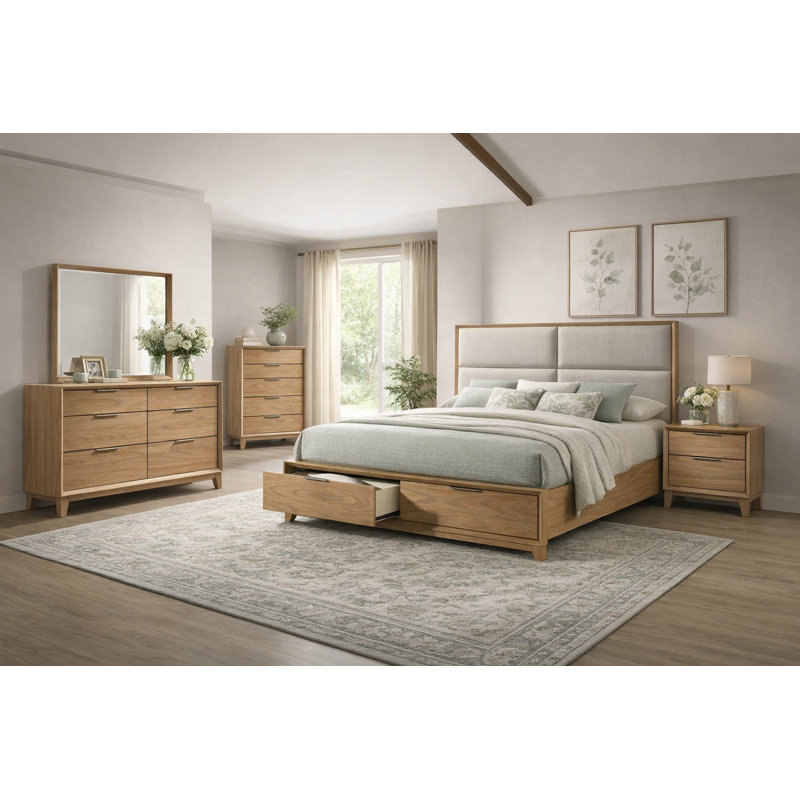 Ensemble de chambre à coucher avec lit tapissier moderne brun clair, 5 Piece, King