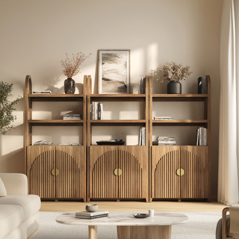 3 Tier Book Shelf 72" Tall Arched Bookcase With Storage, Set of 3, Caramel Brown