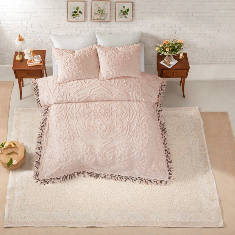 Ensembles de literie chic en chenille de coton, motif à franges en médaillon, style bohème pour un confort toute l'année