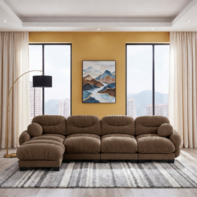 Canapé modulable deux places en chenille plissée avec assise ergonomique en mousse, accoudoirs incurvés et 2 coussins décoratifs, pouf