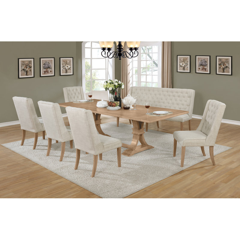 Dions Extendable Dining Set with Linen Upholstered Seating and Button Tufting, Natural Rustic, Beige
