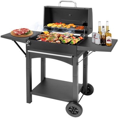 Barbecues au charbon de bois, barbecue extérieur avec 2 tables d'appoint, barbecue à fumée, (noir)