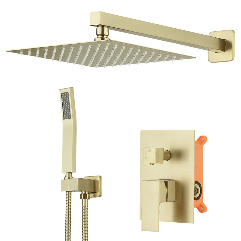 Douche de salle de bain brossée de luxe en or brossé, pluie murale de 10 pouces avec douchette coulissante, poignée, robinets à 3 trous, valve à cartouche, robinet géométrique moderne à poignée manuelle, remplisseur en céramique