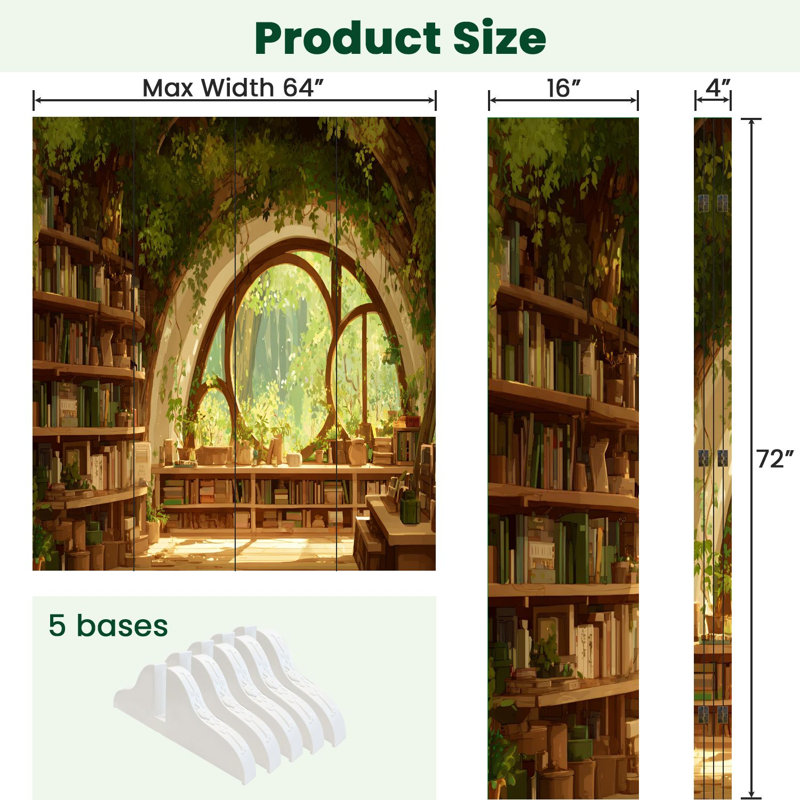 Cloison pliante à 4 panneaux avec paravent Royal Whimsical Treehouse Bibliothèque Sunlit Forest Views, 71" H x 64" W x 1" D