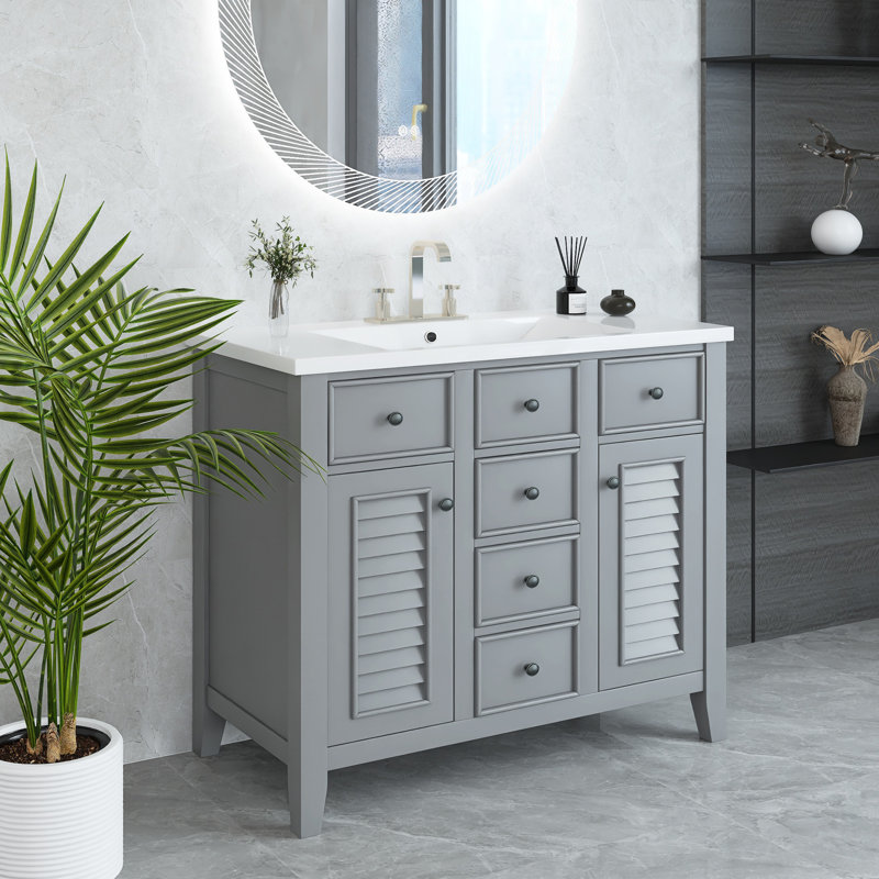 Meuble-lavabo simple avec plateau en céramique 35,98 po Daquion, Gris