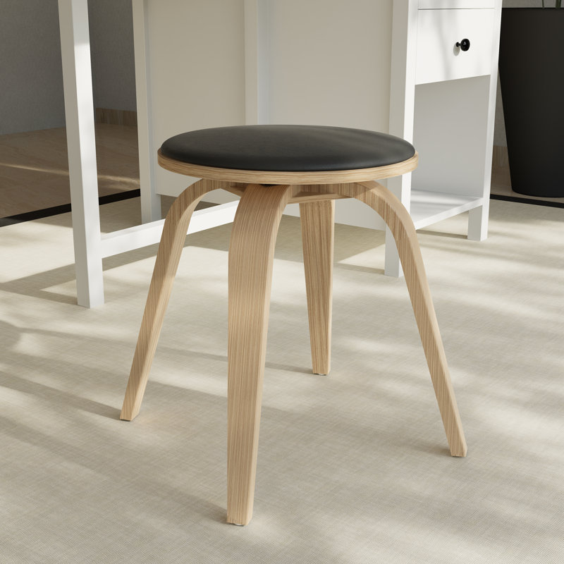 Hoxha Leather Round Dining Stool with Poplar Wood Legs and Swivel, Black/Washed Walnut