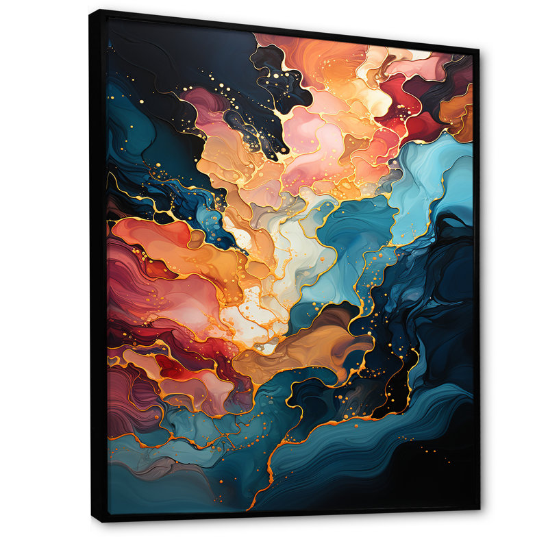 Rose et bleu tourbillonnant, peinture fluide III - art mural abstrait, Cadre flottant noir, H 40 po x l 30 po x P 1,5 po