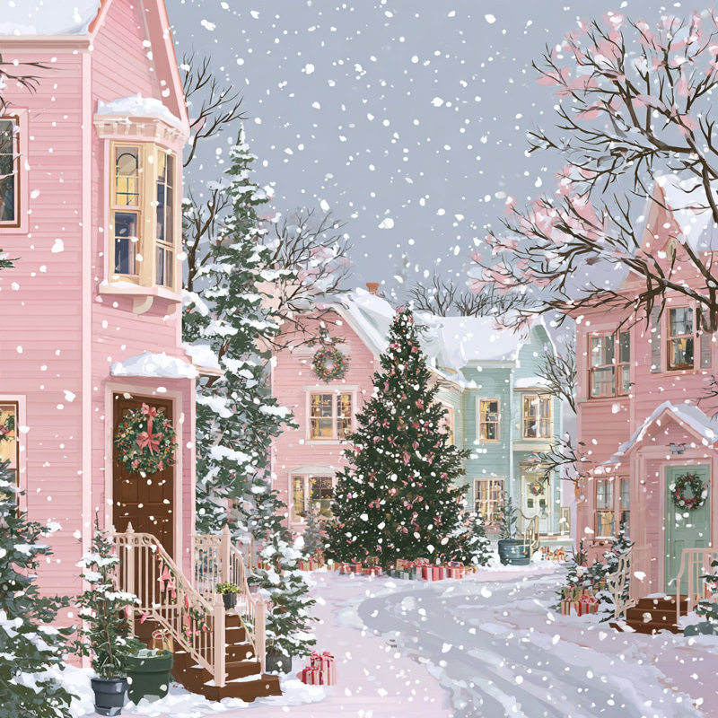 Pink Winter Street Wrapped Canvas Wall Art