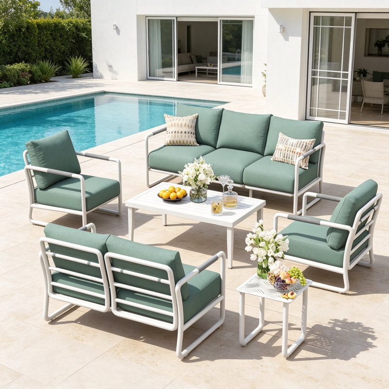 Modern 6-Piece Outdoor Patio Conversation Set with Steel Frame, Includes 3-Seat Sofa, Loveseat, 2 Armchairs, 1 side table and 1 Coffee Tables for Backyard, Garden, White