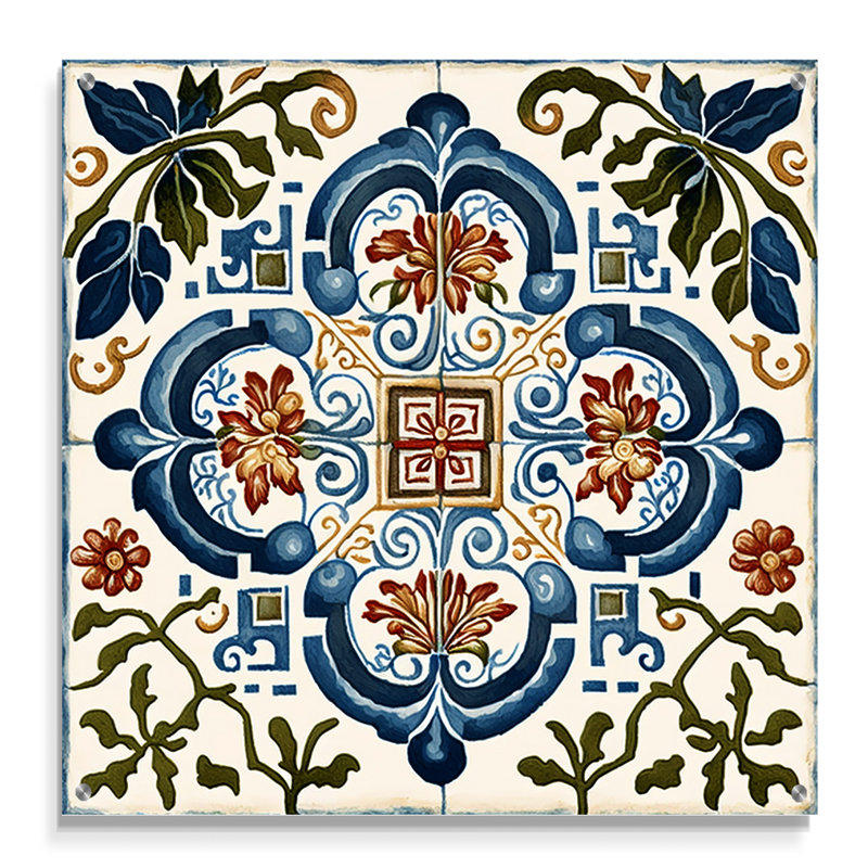 Carreaux de la Méditerranée en bleu rétro I - tuile abstraite, décoration murale acrylique, H 30 po x l 30 po