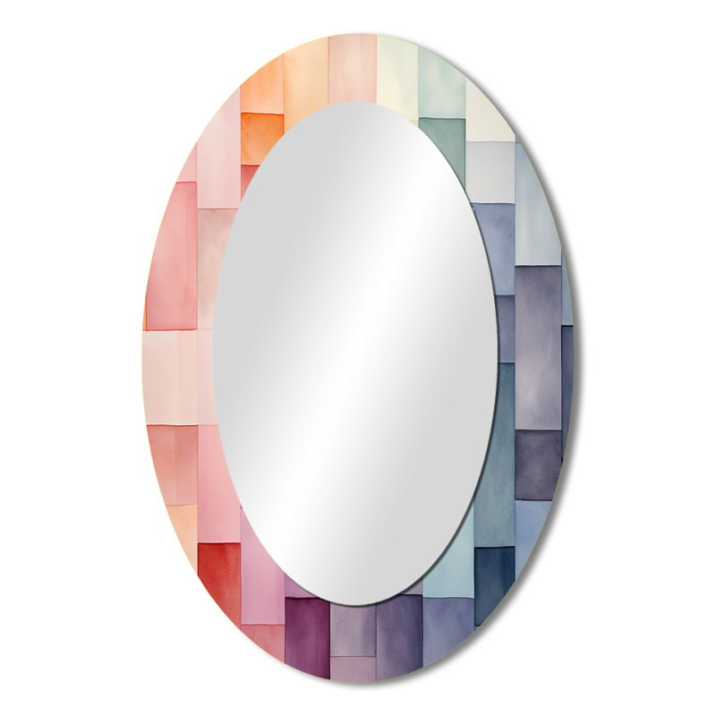 Multicolore cubes motifs III - Miroir décoratif abstrait ovale sur métal, H 36 po x l 24 po