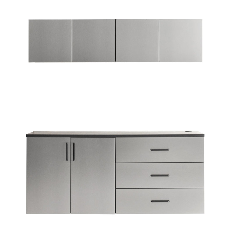 Series 64 In. W X 79 H 20 D 5 Garage Cabinet C With Unique Stylish Metallic Gray Finish, Drawers And Doors, Water Heat , 2X Thicker Edge Banding, E0-Grade Board, Device On Shelves, Heavy-Duty Double