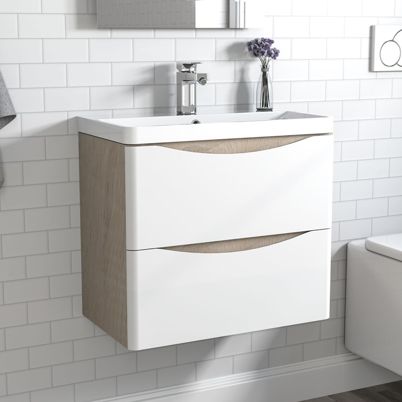 Vanity Unit with Basin Wall Mounted Space-saving Oak Body White Drawer Surface Designer