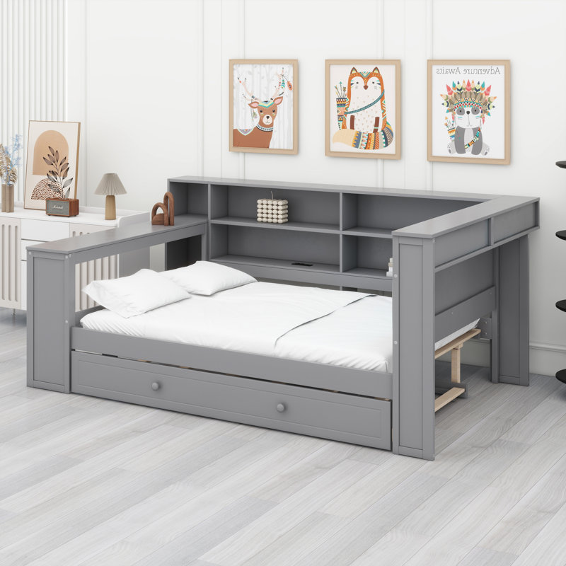 Lit plateforme avec tablettes de rangement, lit gigogne, Gris