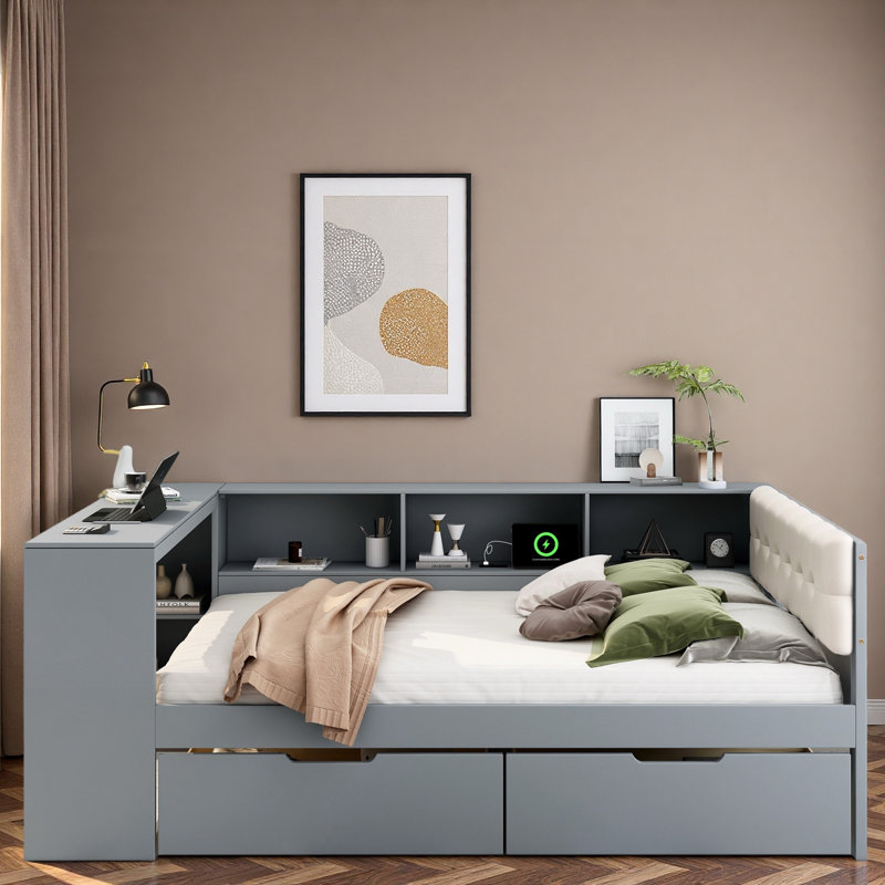 Lit plateforme avec tablettes de rangement, tiroirs, station de charge, bureau et tête de lit tapissier, Gris, Double