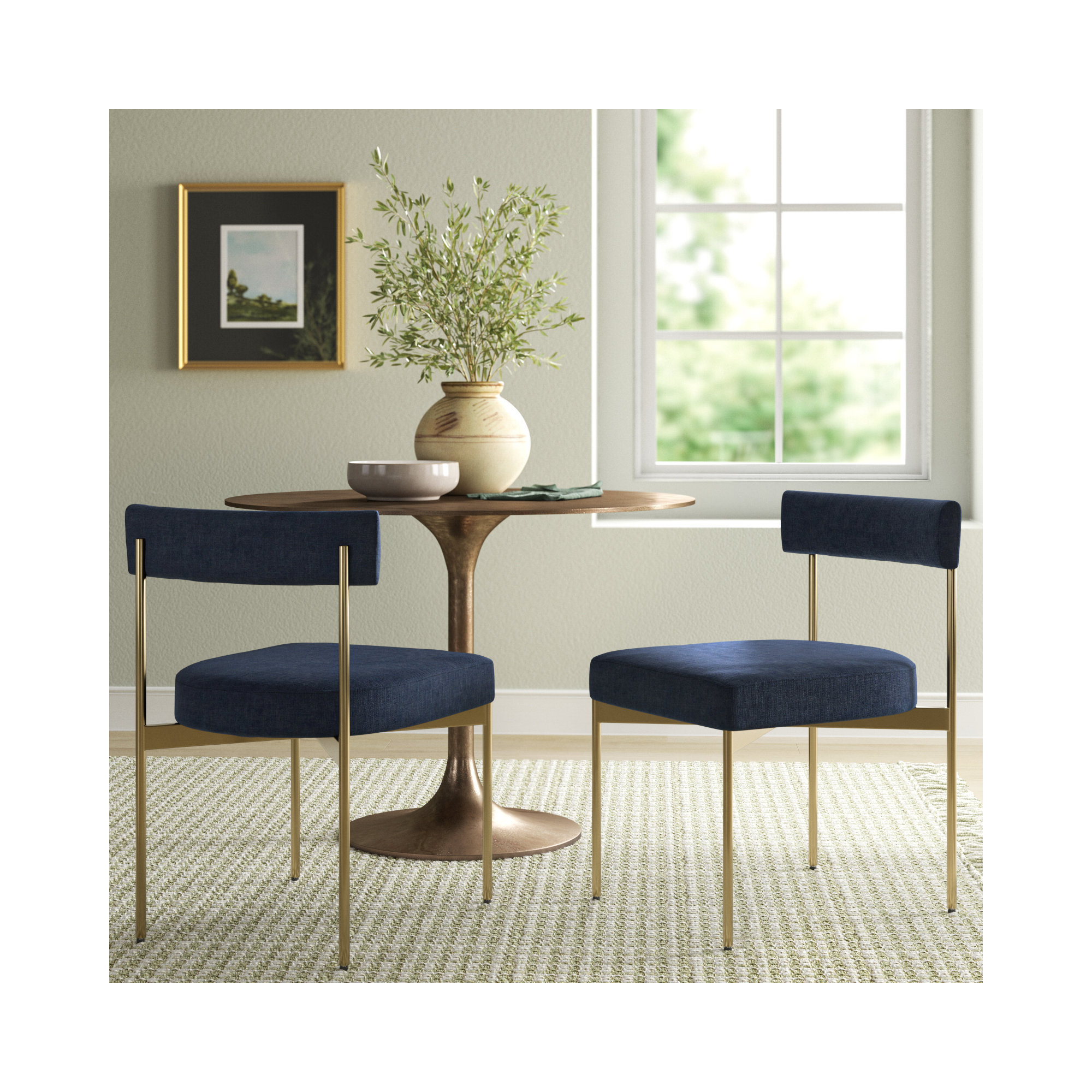Freida 19.75'' H Upholstered Dining Chair, Navy Blue, Antique Brass