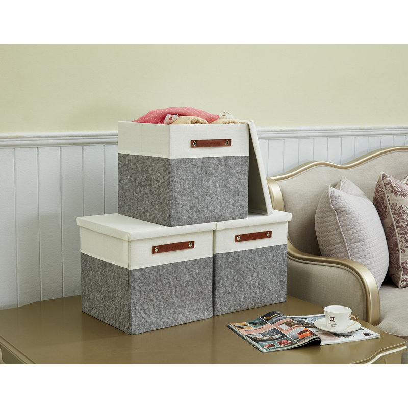 Decomomo Stackable Foldable Cube Storage  With Pu Handles Fabric Bin Set, 11" H x 11" W x 11" D, Grey/White