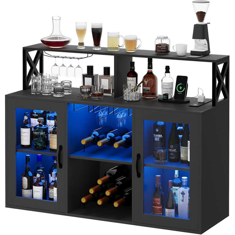 Bar Cabinet With Power Outlets, Led Lights And Glass Holder, Storage Buffet Cabinet, Black