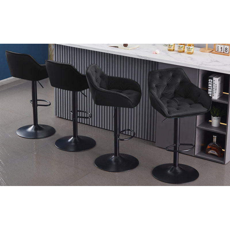 Kafka Velvet Upholstered Adjustable Swivel Bar Stools, Black