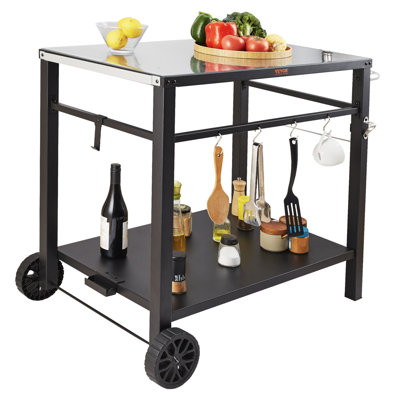 Outdoor Grill Dining Cart With Double-Shelf, BBQ Movable Food Prep Table, Multifunctional Stainless Steel Table Top, Portable Modular Carts For Pizza Oven, Worktable With 2 Wheels, Carry Handle