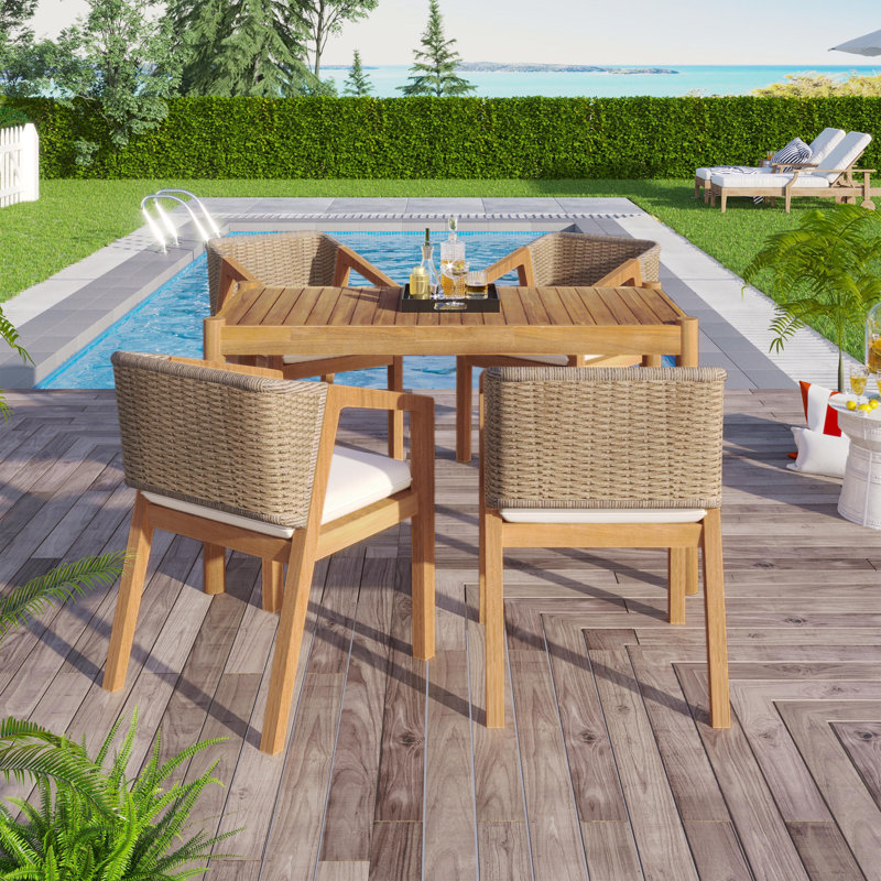 Ensemble de 5 chaises d'extérieur en bois d'acacia, 1 table et 4 chaises, teck et beige